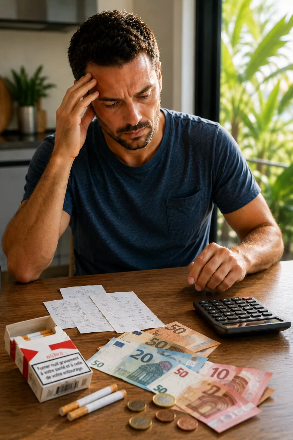 Un homme inquiet devant des cigarettes, des billets et une calculatrice