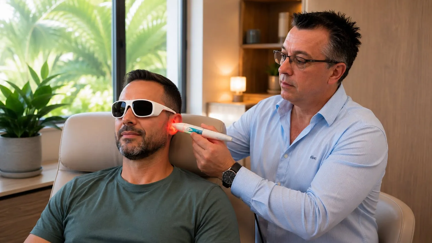 Un homme recevant un traitement laser à l’oreille